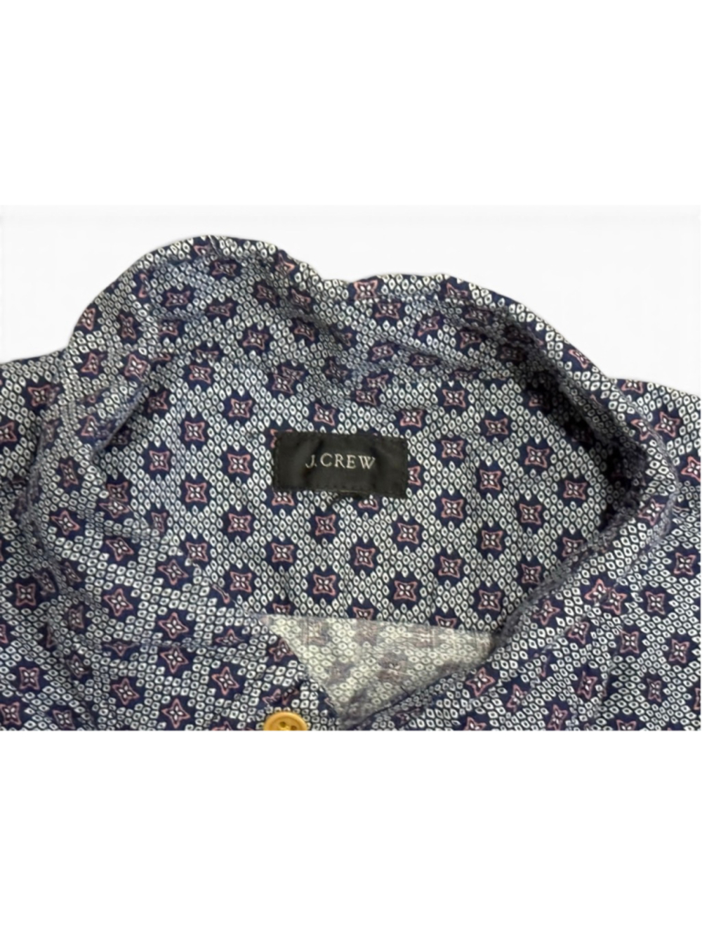 J Crew Mens Button Front Shirt Blue Purple Geometric Print Short Sleeve Medium - Picture 4 of 5